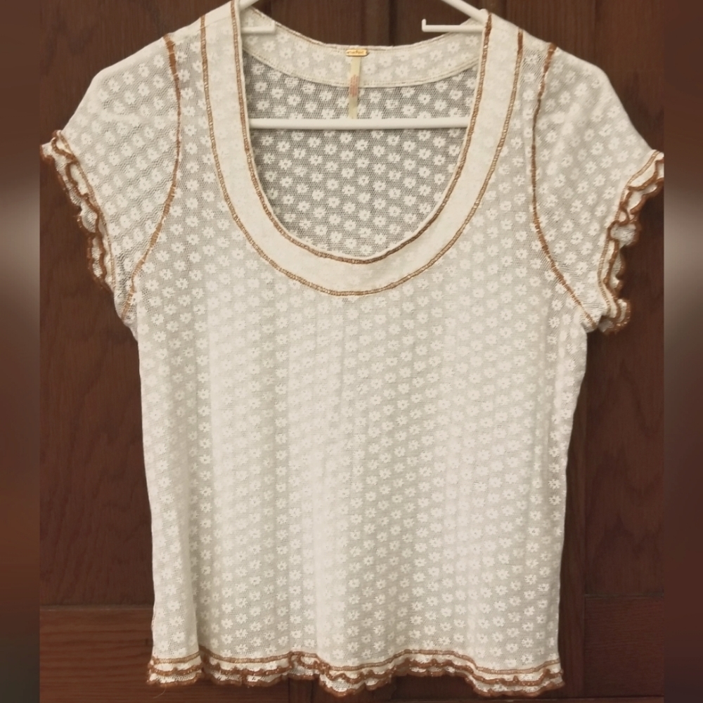 Free People Fancy Tee. Cream with Brown trim. Women's large. Like new!